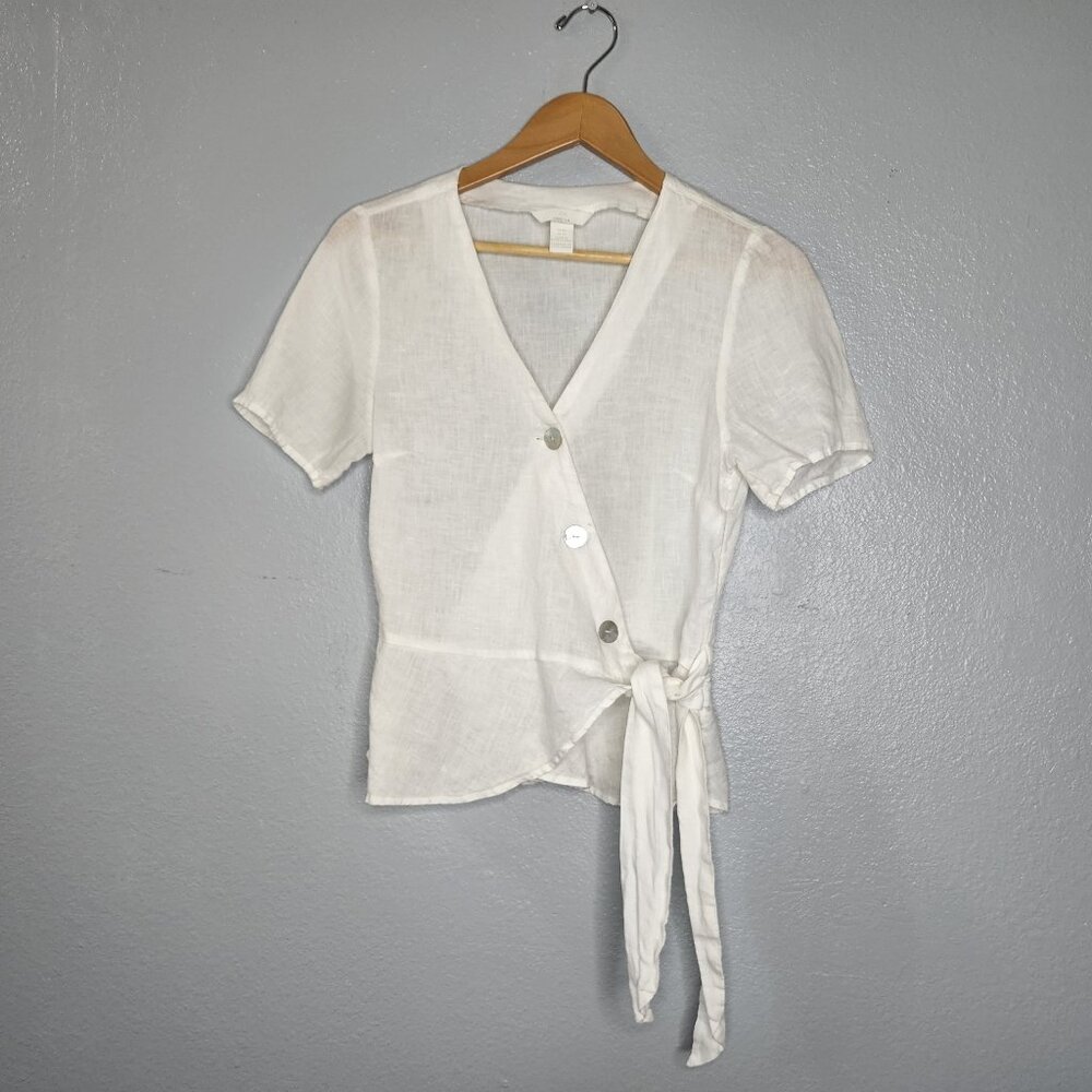 H&M Womens XS White 100% Linen Dainty Button Wrap Short Sleeve Tie Sides Blouse